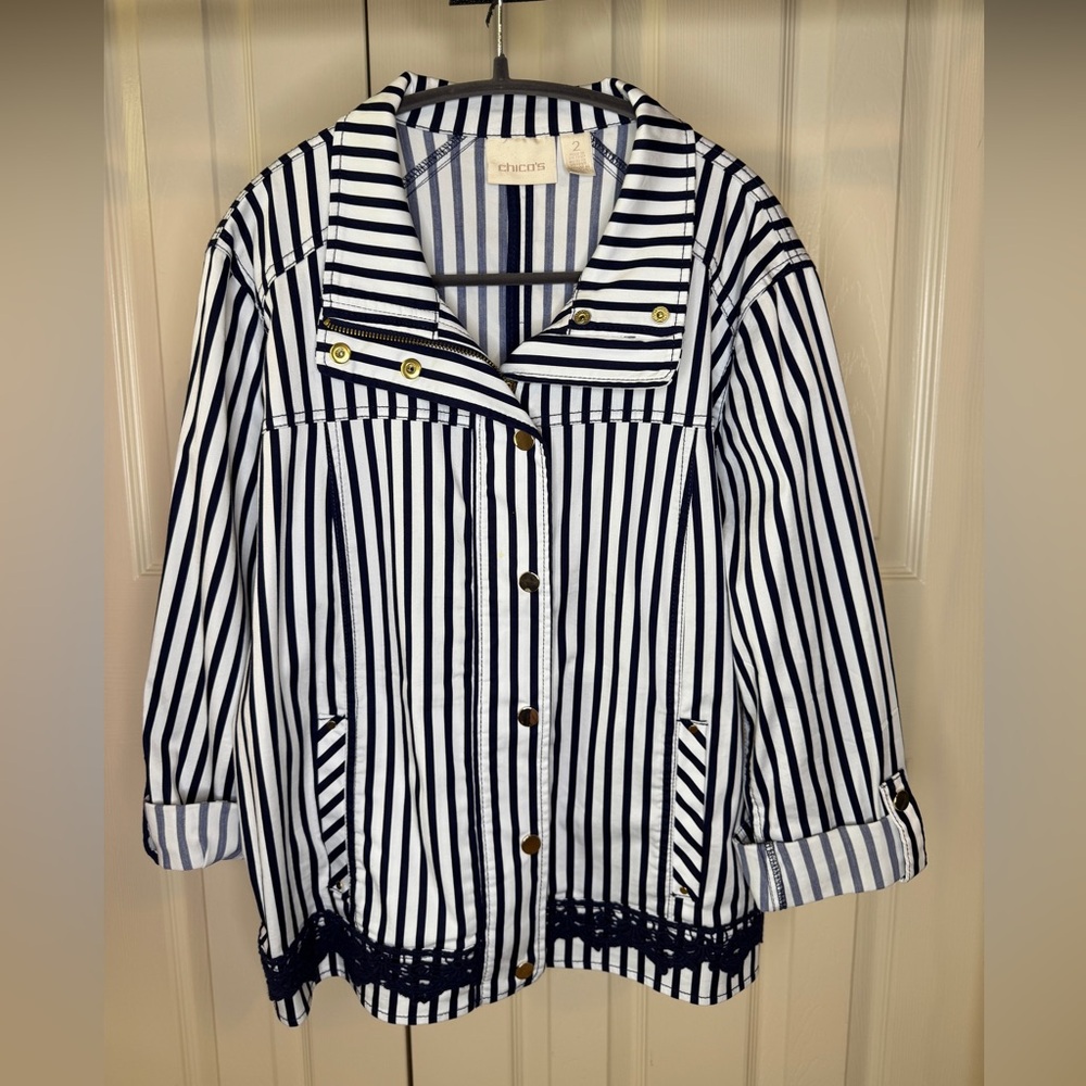 Chico's Navy and White Striped Jacket (Bin 13)